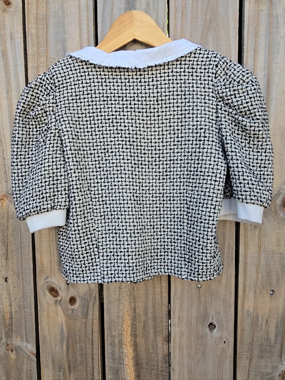 ZARA Tweed Cropped Top Blouse with Contrast Peter Pan Collar & Puff Sleeves - S